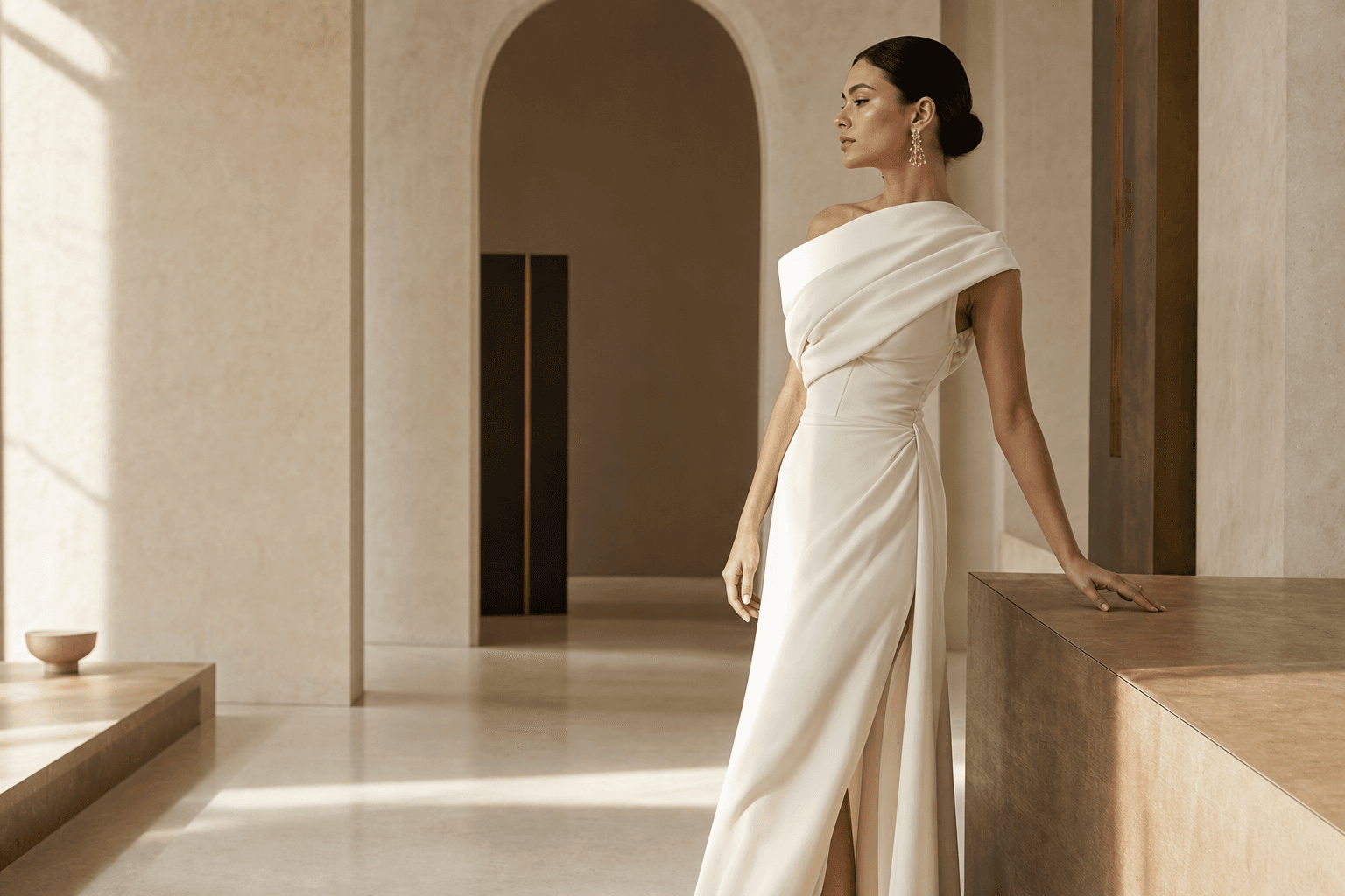 Model in an ivory evening look inside a warm architectural gallery